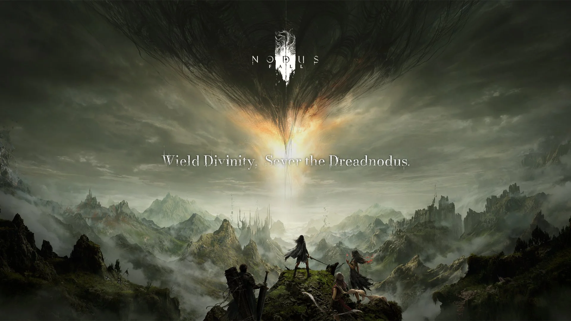 Four Nodusfall Weavers overlooking a broken mythic landscape